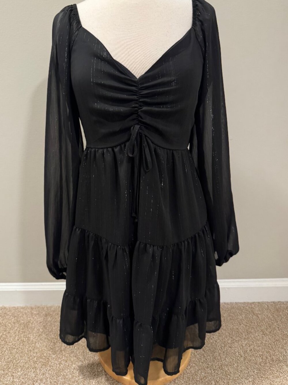 Womens Small Altard State Loralee Black Smocked Tiered Peplum Mini Dress Puff LS